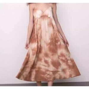 ZARA TIE DYE EMBROIDERED KNIT MIDI Halter Dress SZ LG Beige/pink Boho